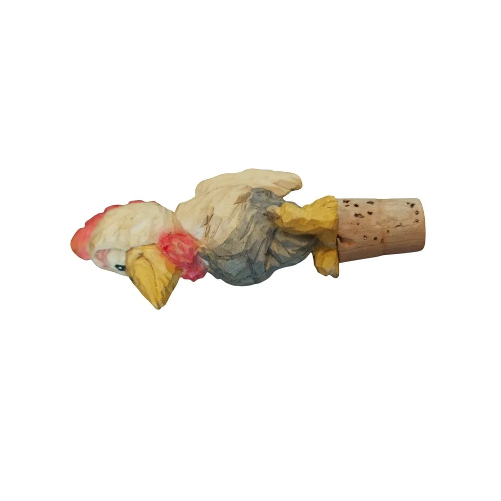 Hand Carved Wooden Chicken Wine Bottle Stopper Folk Art Rooster in Overalls